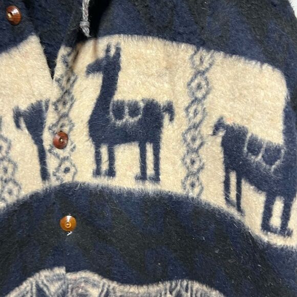 Vintage Handmade Alpaca Hooded Coat Navy Beige Aztec made in Ecuador Mens L - Picture 3 of 5